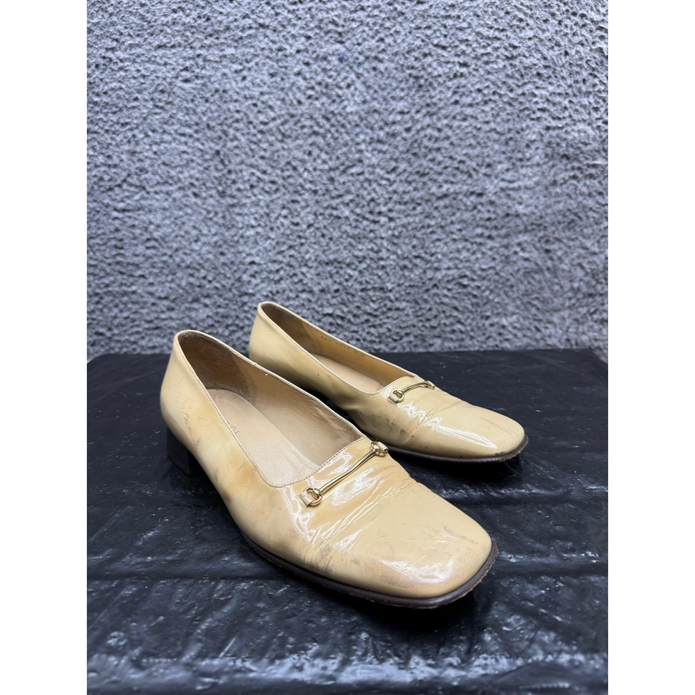 Gucci Horsebit Patent Leather Square Toe Slip On Pumps Beige Womens Size 9B US